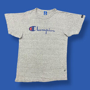 Vintage Champion Shirt 80s Graphic Tee Script Logo Distressed Gray Medium